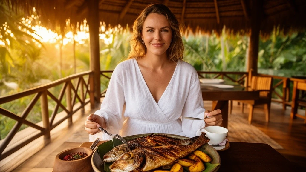 Elegante Frau geniesst traditionelle gabunische Kueche in einem Eco-Lodge im Kongobecken