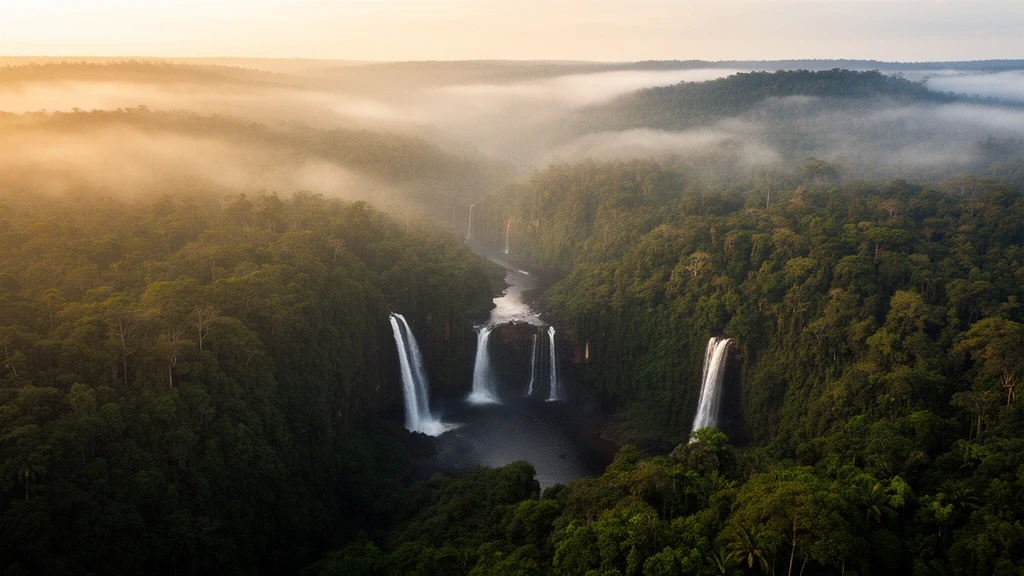 Luftaufnahme des Ivindo-Flusses im Kongobecken, Gabun, zur goldenen Stunde mit Regenwald und Wasserfaellen