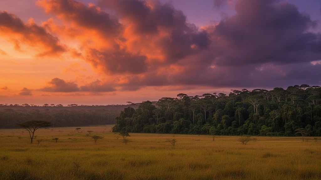 Panorama des Lopé-Nationalparks in Gabun bei Sonnenuntergang, Savanne trifft Regenwald