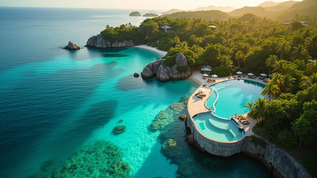 Luftaufnahme des dreistufigen Infinity-Pools in Constance Lemuria, Seychellen zur goldenen Stunde