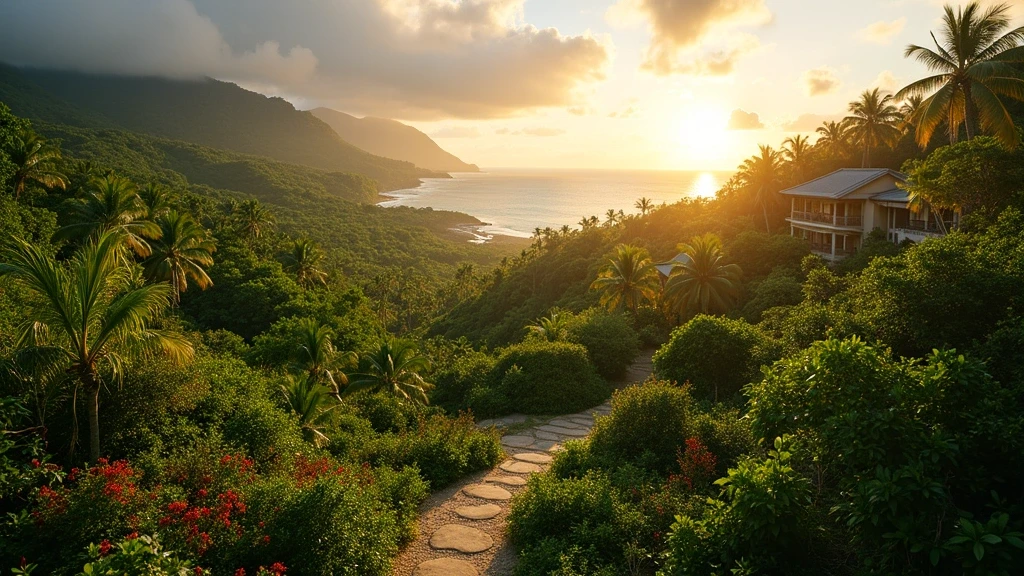 Panoramablick auf das tropische Tal von Constance Lemuria, Seychellen zur goldenen Stunde
