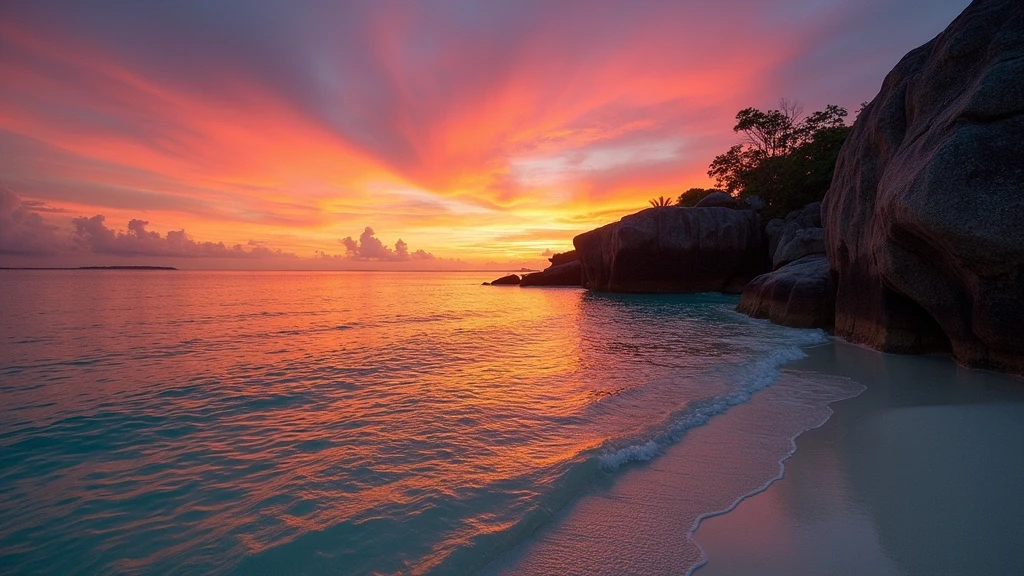 Sonnenuntergang ueber dem Indischen Ozean an der Anse Georgette in Constance Lemuria, Seychellen