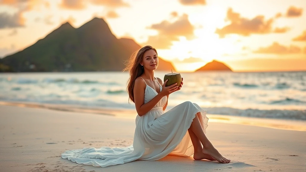 Elegante Frau geniesst Sonnenuntergang am privaten Strand von Cookinseln