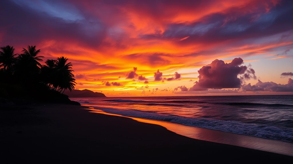 Sonnenuntergang am schwarzen Sandstrand von Cookinseln mit dramatischem Himmel