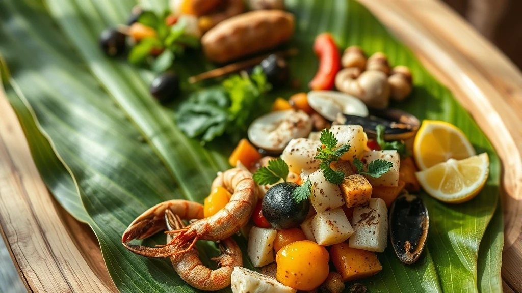 Traditionelle polynesische Kueche von Cookinseln auf Bananenblaettern serviert