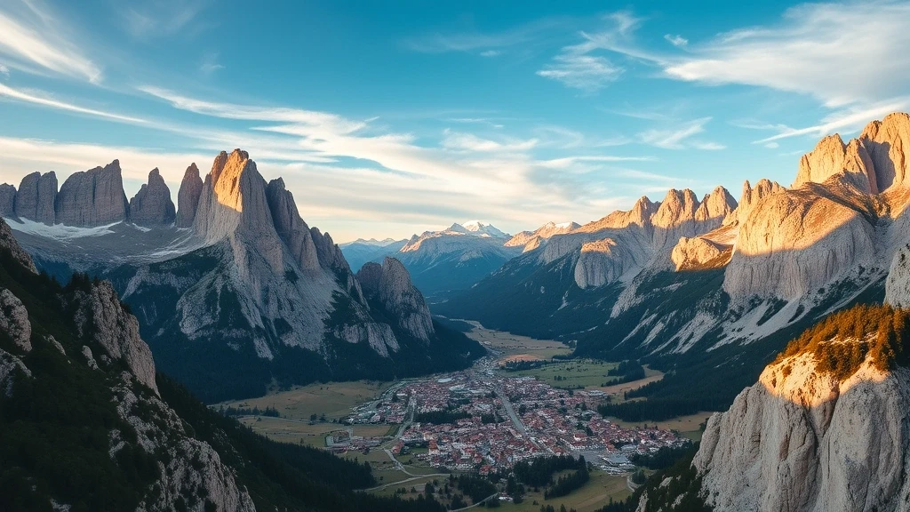 Luftaufnahme der Dolomiten und Cortina d'Ampezzo zur goldenen Stunde mit dramatischen Berggipfeln