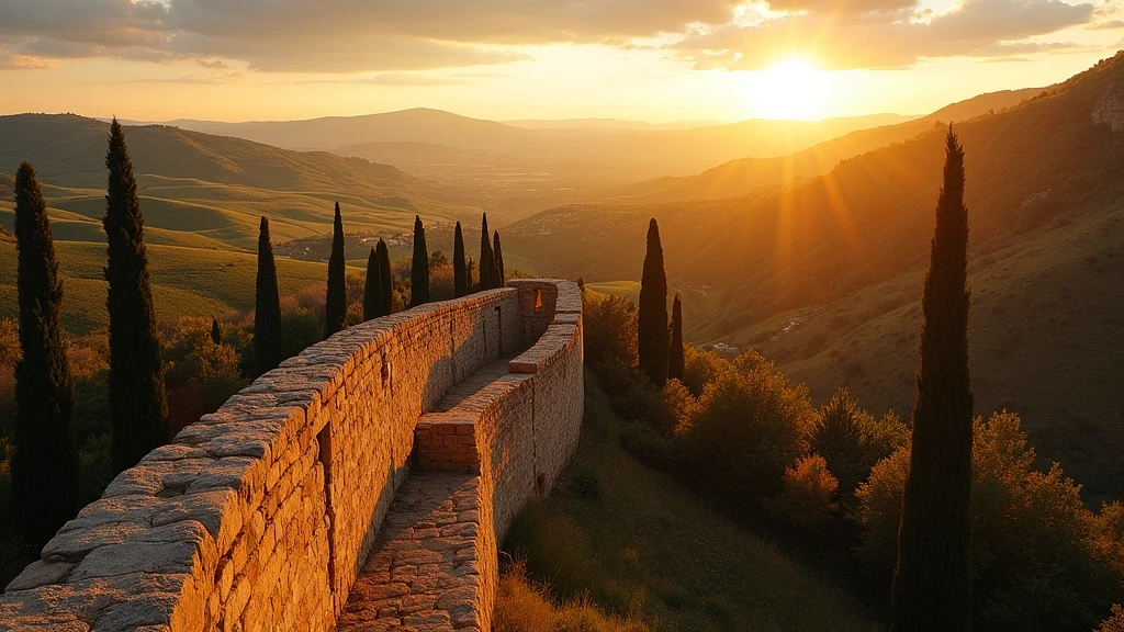 Goldene Stunde an den etruskischen Mauern von Cortona mit Olivenhainen und Weinbergen im Hintergrund