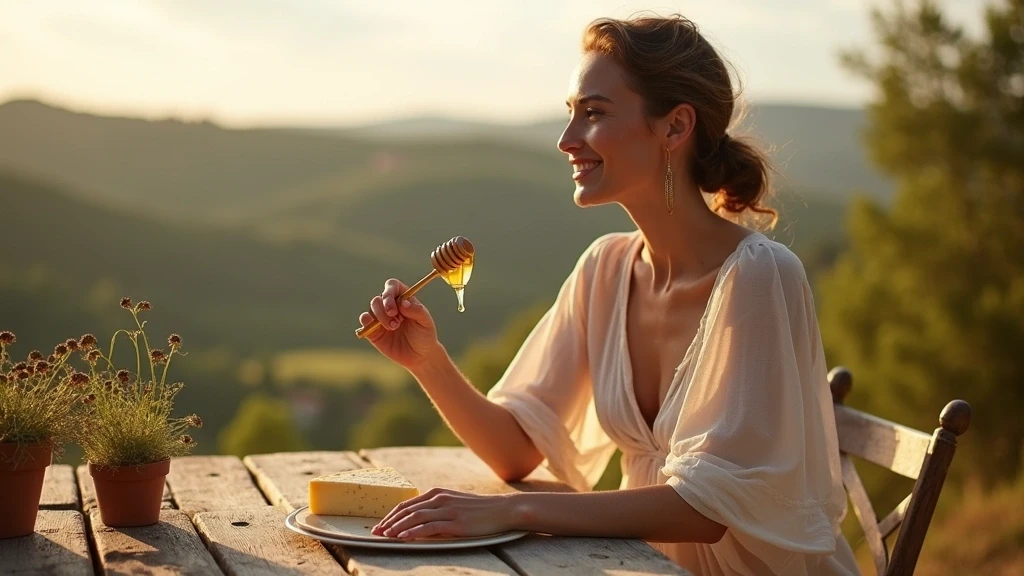 Elegante Frau kostet Pecorino-Kaese und Honig in Cortona mit Blick auf die toskanische Landschaft