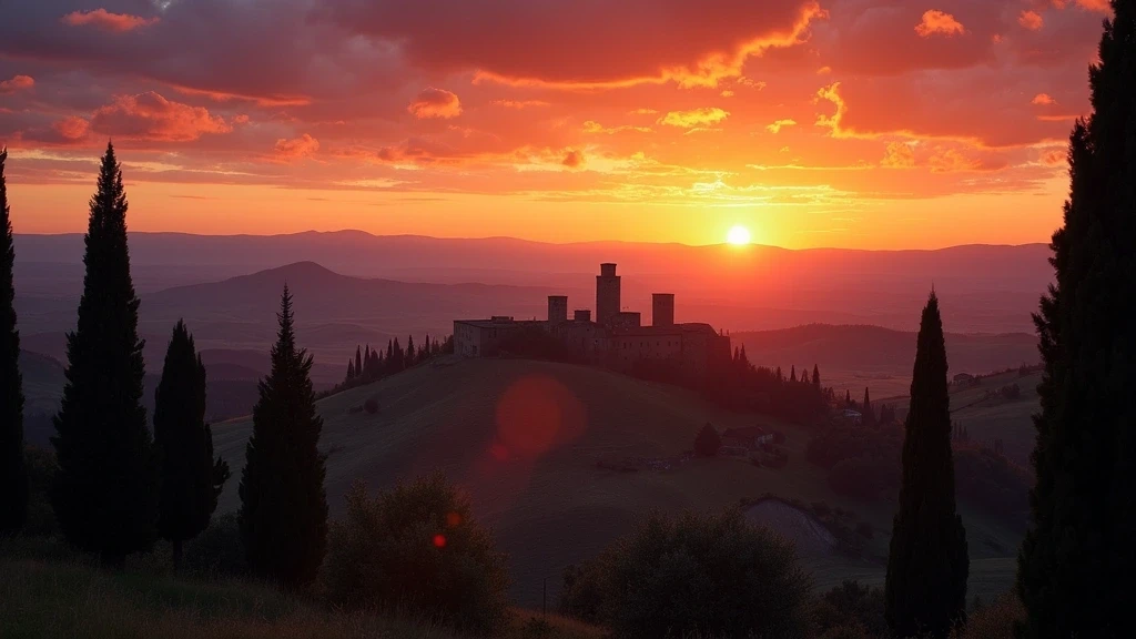 Sonnenuntergang ueber dem Val di Chiana mit Silhouette von Cortona, mittelalterliche Tuerme und Zypressen