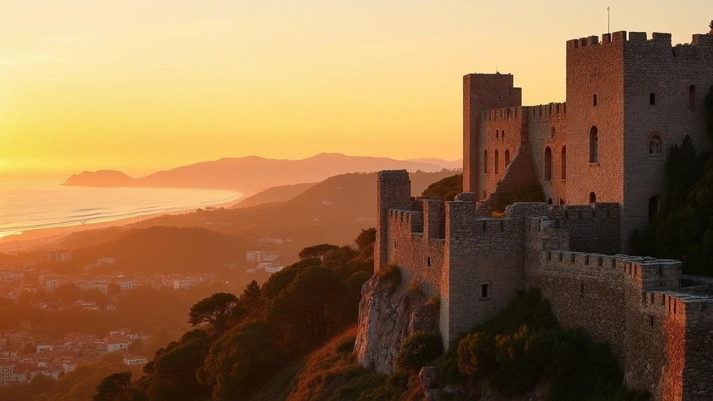 Panoramablick auf die mittelalterliche Burgruine von Begur bei Sonnenaufgang mit Küstenaussicht