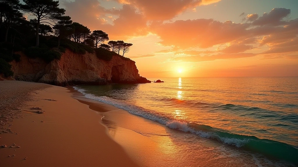 Sonnenuntergang am Strand Sa Riera in Begur mit dramatischen Klippen und goldenem Licht