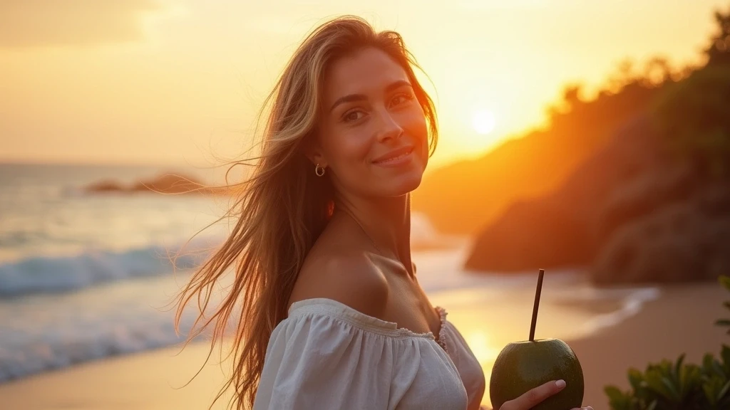 Elegante Frau auf Terrasse in Costa Rica bei Sonnenuntergang mit Kokosnussgetraenk