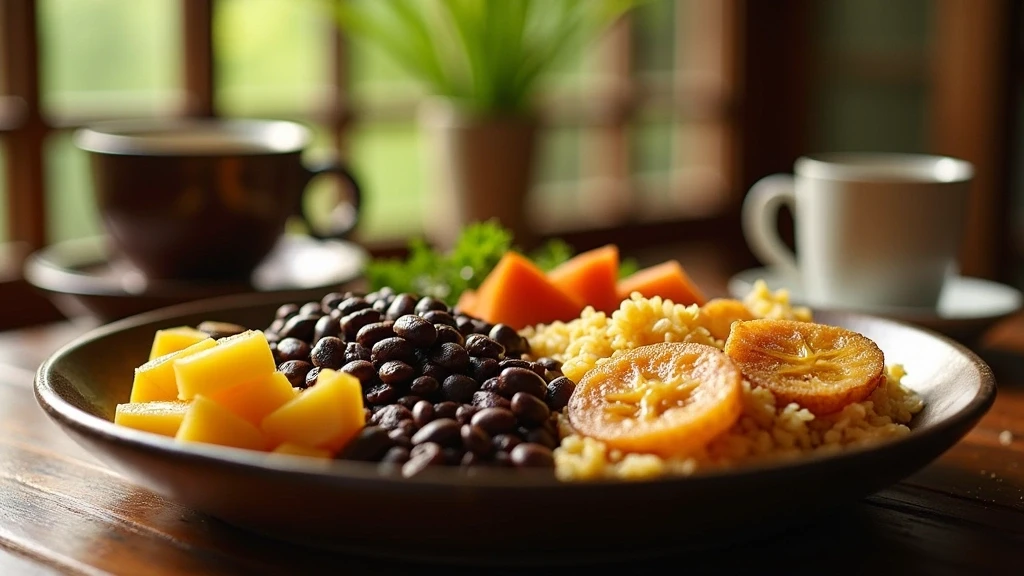 Traditionelles gallo pinto Fruehstueck in Costa Rica mit tropischen Fruechten und Kaffee