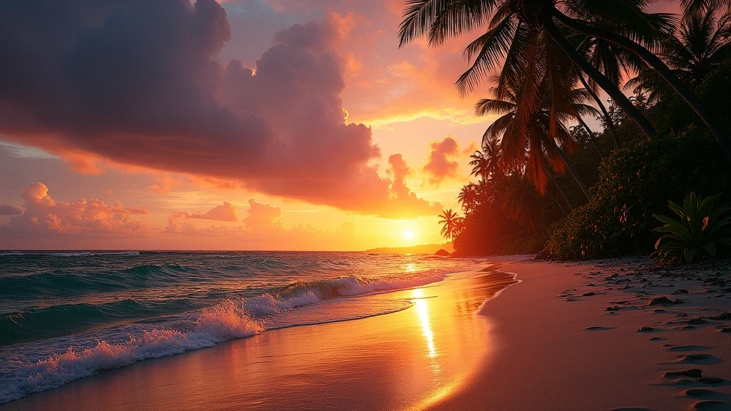 Sonnenuntergang am Manuel Antonio Nationalpark Strand in Costa Rica mit Dschungel und Palmen