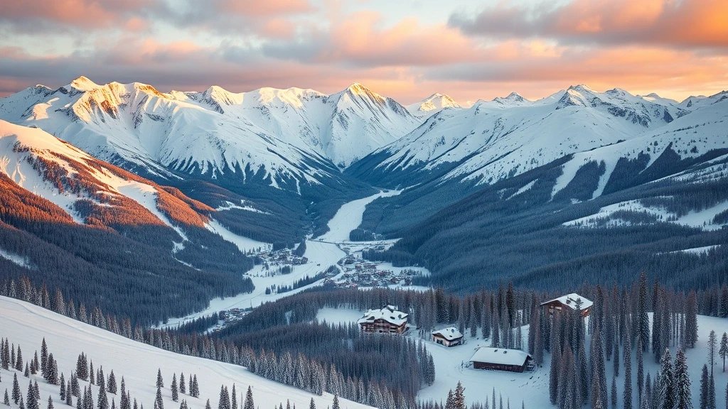 Luftaufnahme der schneebedeckten Alpen und Skipisten in Courchevel zur goldenen Stunde