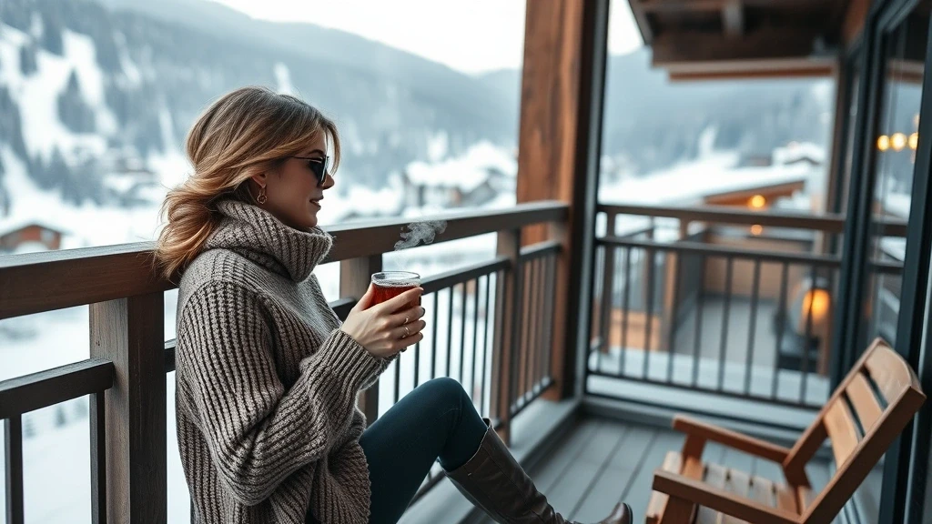 Elegante Frau geniesst Vin Chaud auf Chalet-Balkon in Courchevel