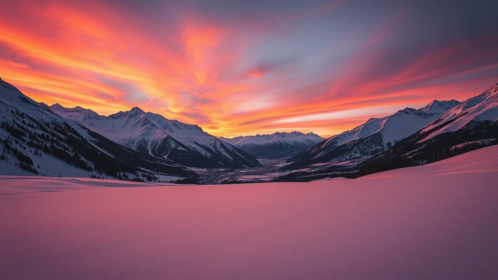 Panoramablick auf die Drei Taeler in Courchevel bei Sonnenuntergang