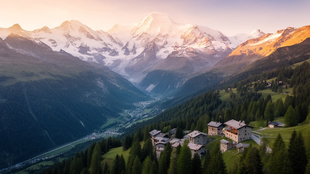 Luftaufnahme von Courmayeur mit Mont Blanc und alpinen Taelern zur goldenen Stunde