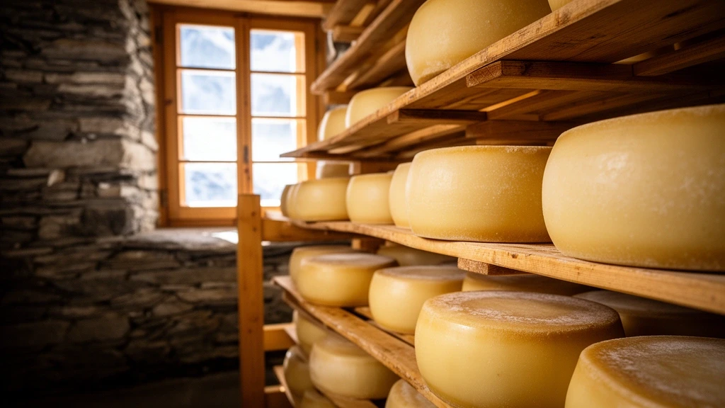 Fontina Kaesereifung in traditioneller Kaeserei in Courmayeur Italien