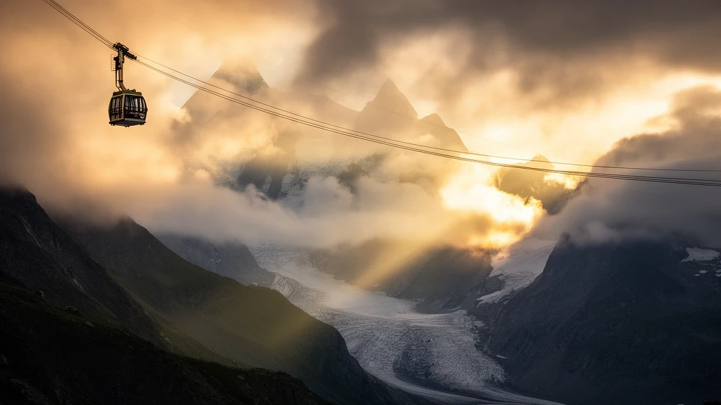 Skyway Monte Bianco Seilbahn bei goldener Stunde mit Aiguille du Midi Gipfel