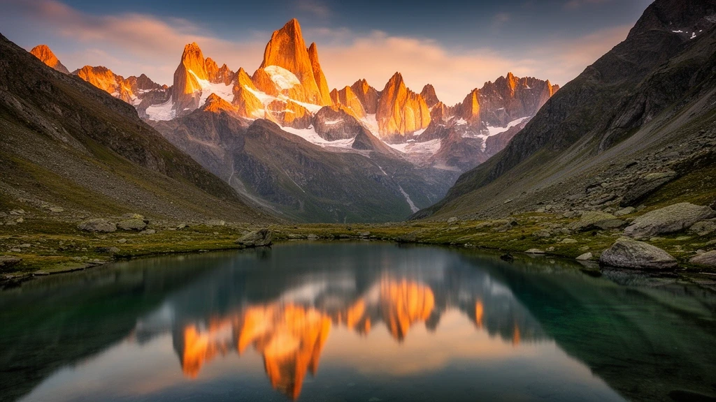 Panorama des Val Veny mit alpinen Seen und Grandes Jorasses bei Sonnenuntergang