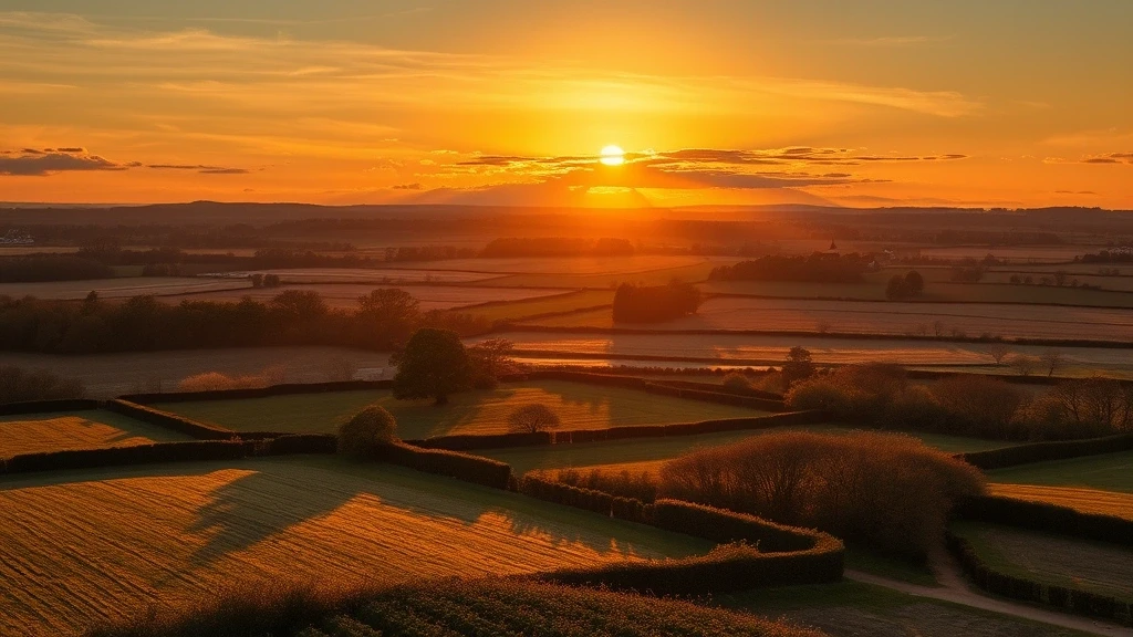 Goldene Stunde ueber der normannischen Bocage-Landschaft bei Coutances