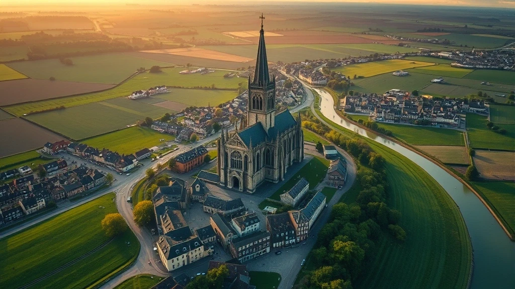 Luftaufnahme der gotischen Kathedrale von Coutances in der Normandie zur goldenen Stunde