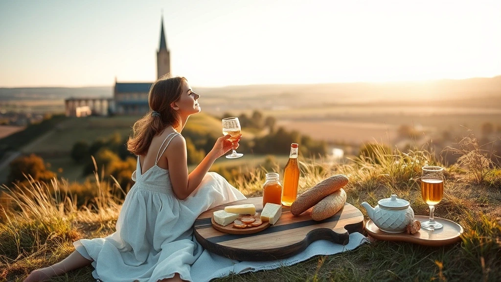 Elegante Frau geniesst Gourmet-Picknick mit Blick auf Coutances Kathedrale