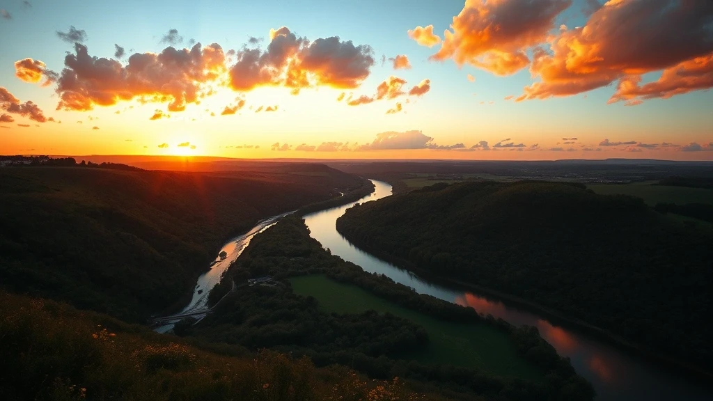 Panoramablick auf das Sienne-Tal bei Sonnenuntergang in Coutances, Normandie