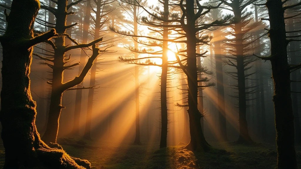 Goldene Stunde im alten Lenga-Wald der Reserva Nacional Coyhaique mit mystischem Nebel