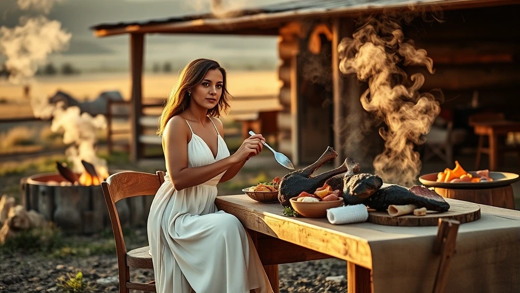 Elegante Frau geniesst traditionelles Patagonien-Lamm-Asado in Coyhaique zur goldenen Stunde