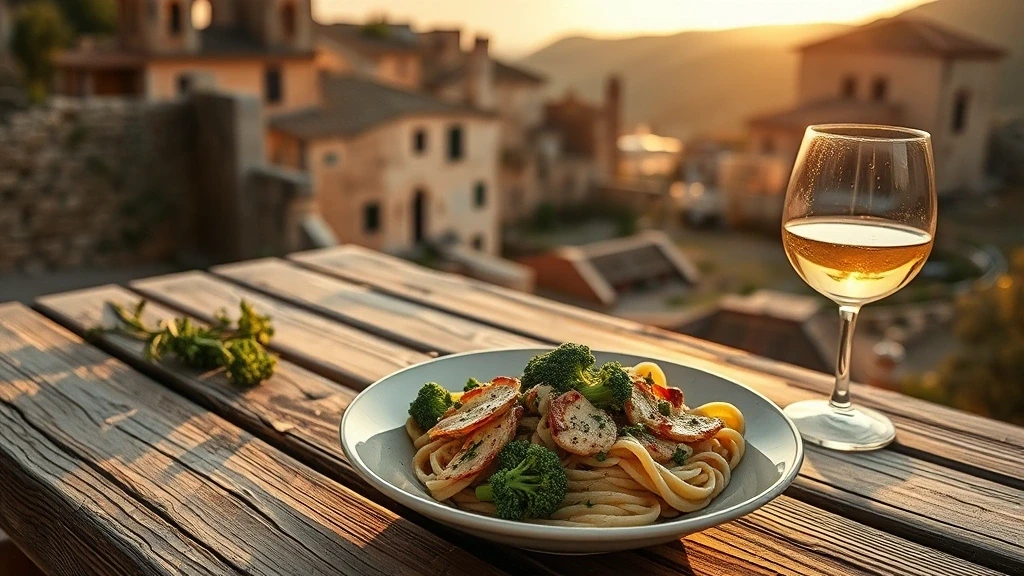 Traditionelle apulische Kueche auf rustikalem Holztisch mit Blick auf Craco zur goldenen Stunde