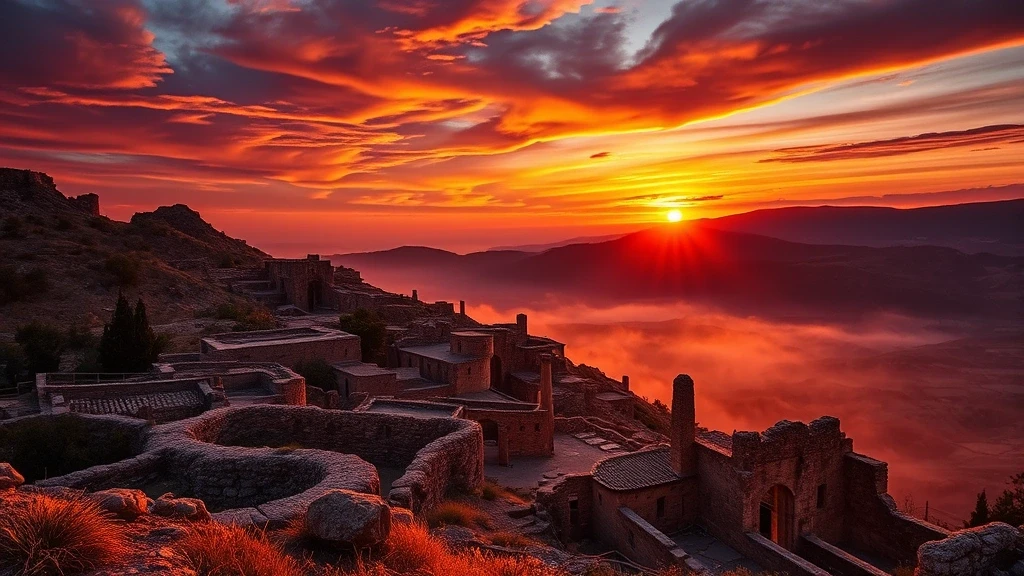Dramatischer Sonnenuntergang ueber der verlassenen Stadt Craco mit antiken Steintruemen und Erosionsformationen