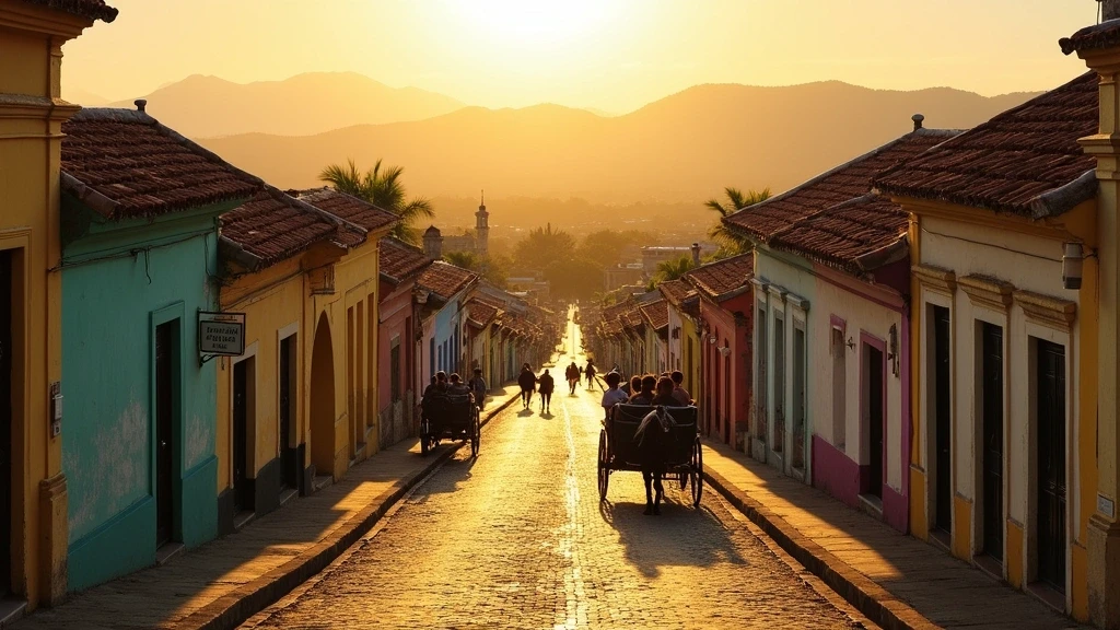 Goldene Stunde in der Altstadt von Trinidad, Kuba, Kopfsteinpflaster und Kolonialgebaeude im Panorama