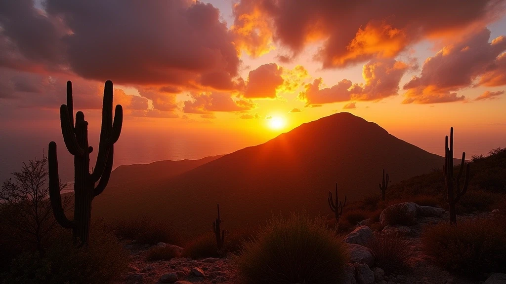 Sonnenuntergang über dem Christoffelberg in Curaçao mit silhouettierten Kakteen