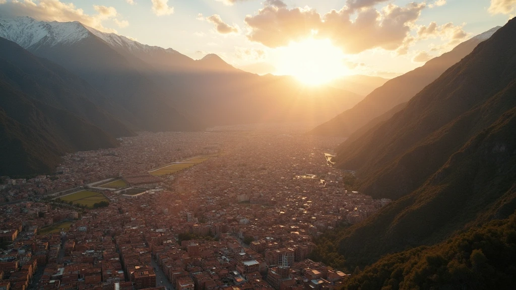 Luftaufnahme von Cusco, Peru mit Anden-Gipfeln und terrakottafarbenen Dächern zur goldenen Stunde