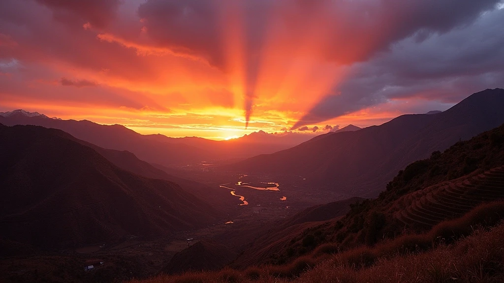 Sonnenuntergang im Heiligen Tal von Cusco, Peru mit terrassierten Feldern und dramatischem Himmel
