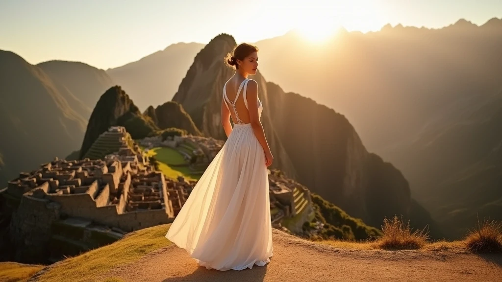 Elegante Frau in weissem Kleid bei Sonnenaufgang an den Ruinen von Machu Picchu in Peru