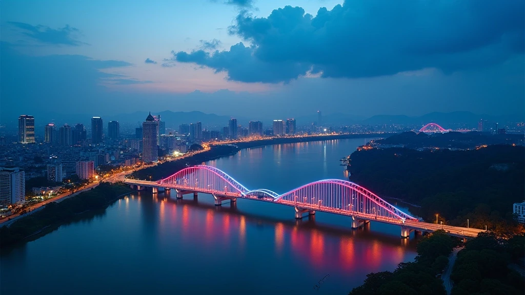 Luftaufnahme der Drachenbruecke in Da Nang bei Nacht mit beleuchtetem Skyline und Marmorbergen