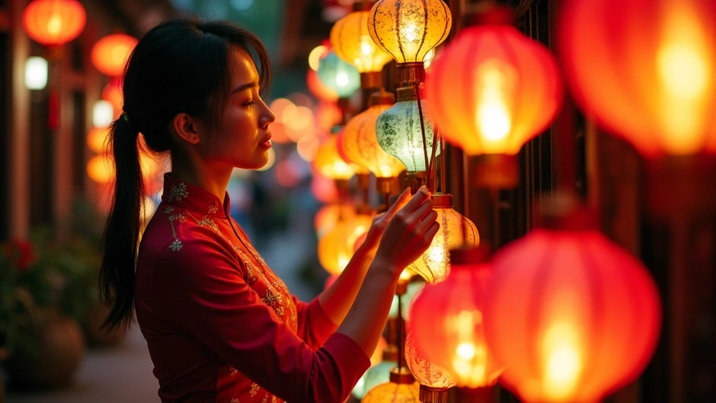 Lokale Frau stellt Seidenlaternen in der Altstadt von Hoi An in Da Nang her