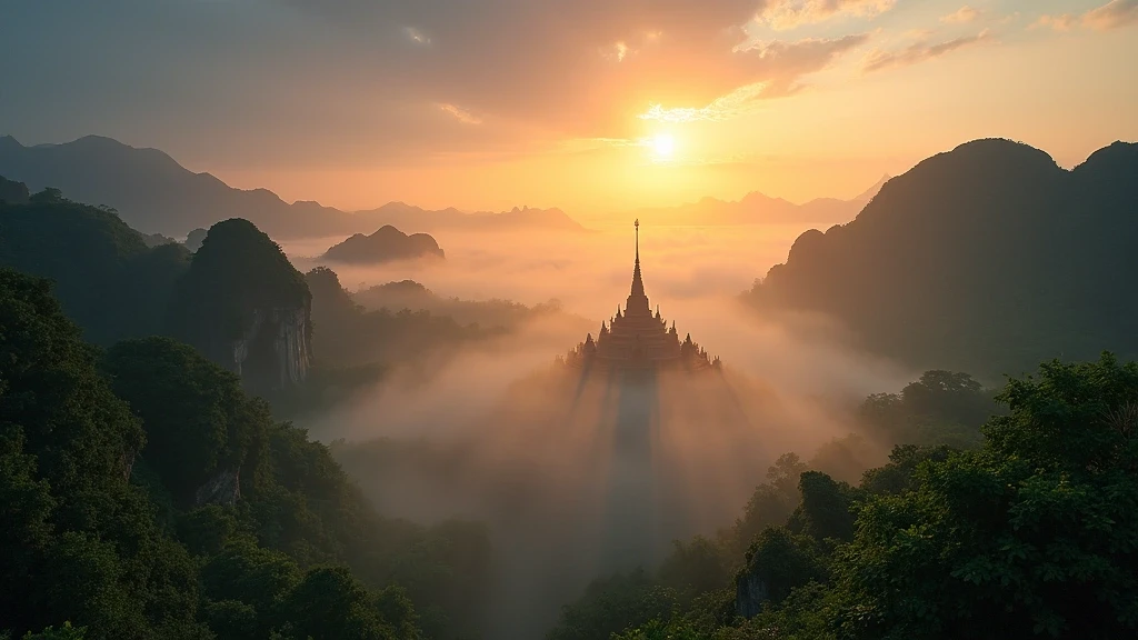 Sonnenaufgang ueber den Marmorbergen in Da Nang mit Nebel und buddhistischen Pagoden