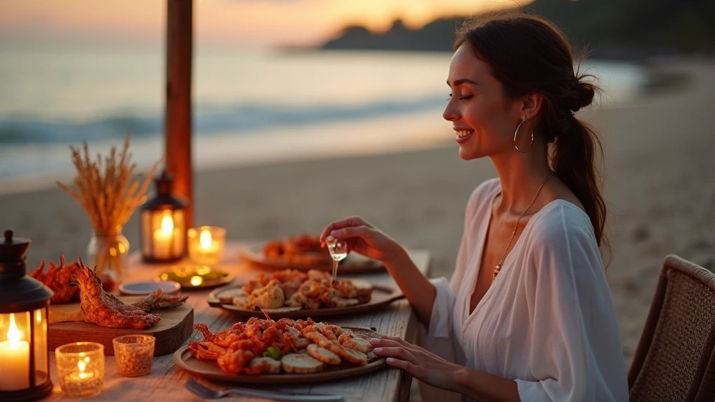 Elegante Reisende geniesst Privat-Dinner am Strand in Da Nang bei Sonnenuntergang