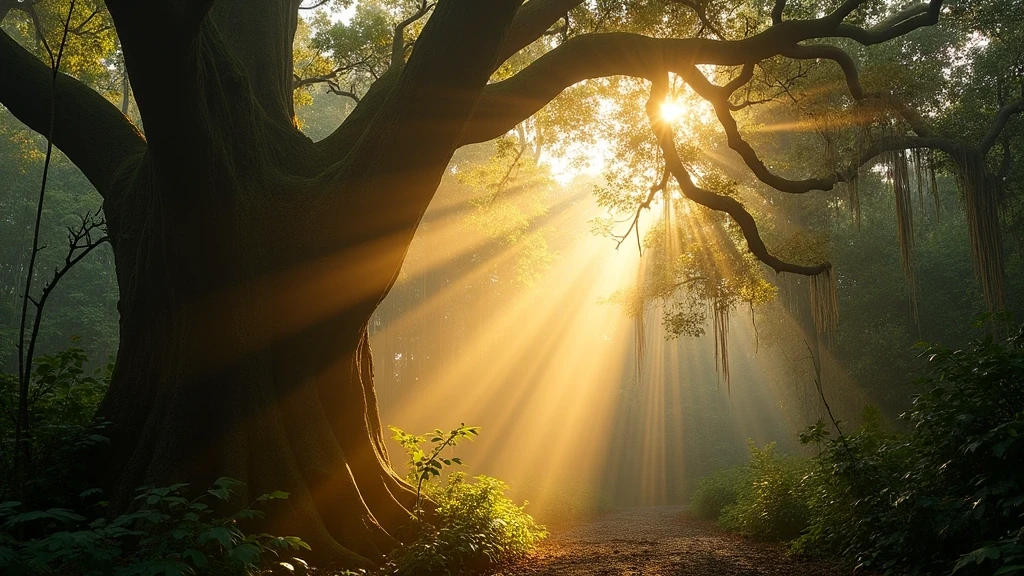 Goldene Stunde im Daintree-Regenwald, Australien, mit Lichtstrahlen durch das dichte Blätterdach