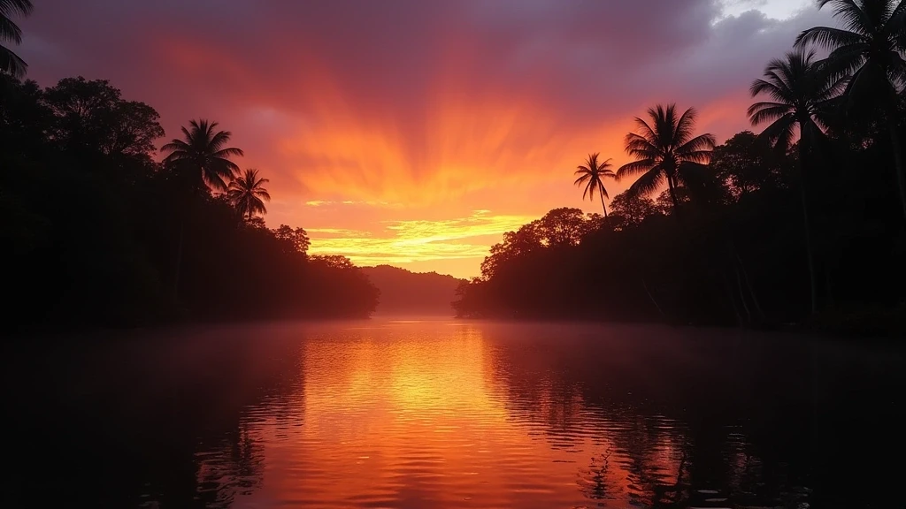 Sonnenuntergang über dem Daintree River im Daintree-Regenwald, Australien, mit Palmen-Silhouetten