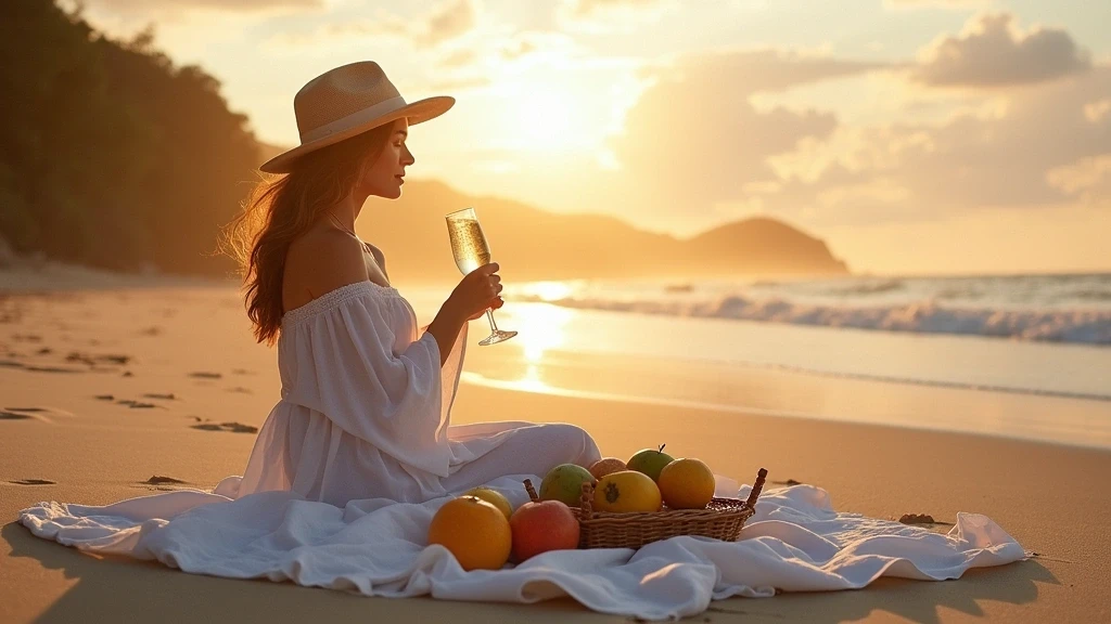 Elegante Frau beim Luxus-Picknick am Thornton Beach im Daintree-Regenwald, Australien