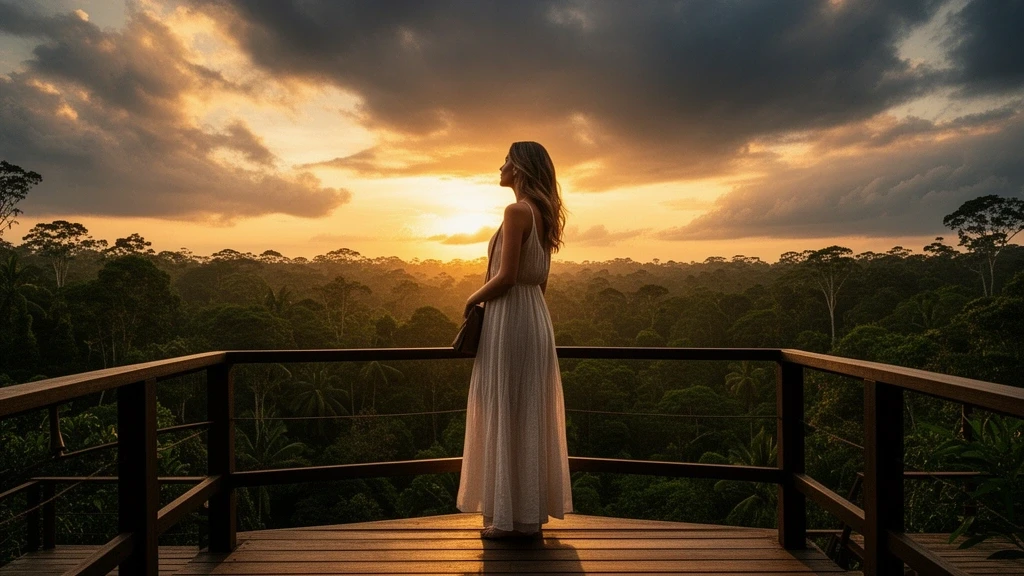 Elegante Reisende auf der Aussichtsplattform im Danum Valley bei Sonnenuntergang