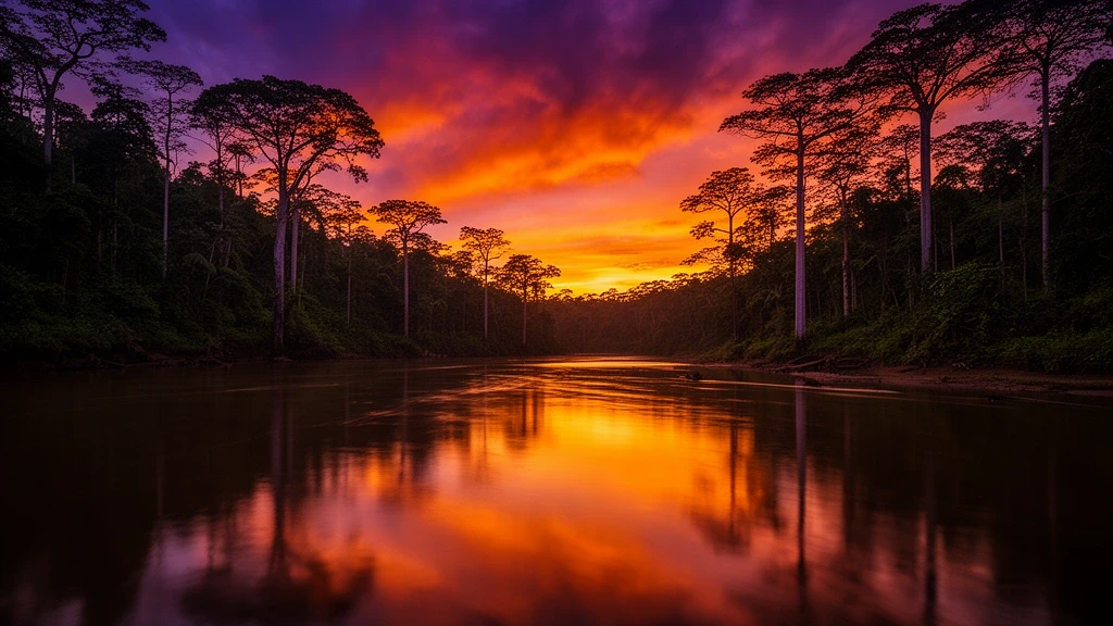 Sonnenuntergang über dem Regenwalddach im Danum Valley mit Flussreflexion