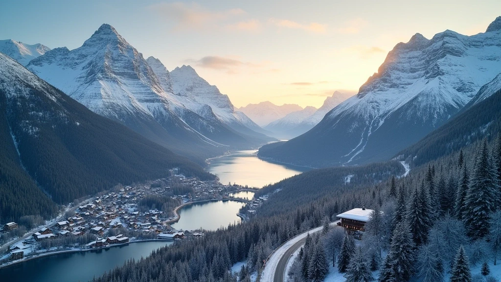 Luftaufnahme der Davoser Alpen zur goldenen Stunde mit schneebedeckten Gipfeln und traditionellen Chalets