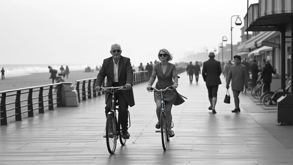 Les Planches Holzpromenade in Deauville - elegante Spaziergaenger auf historischer Meerespromenade