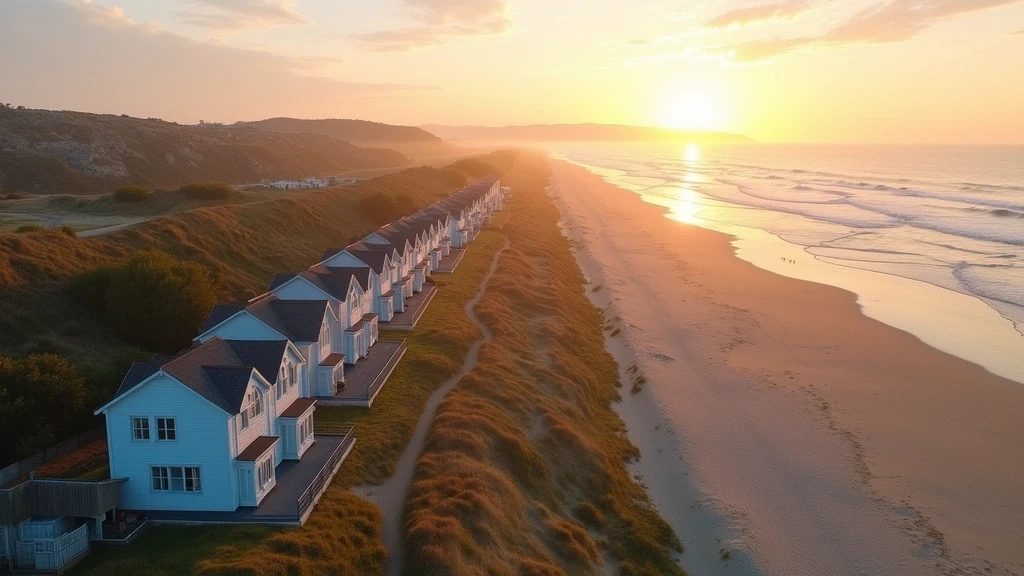 Deauville Strandkabinen bei Sonnenuntergang - ikonische bunte Holzhäuser am normannischen Sandstrand
